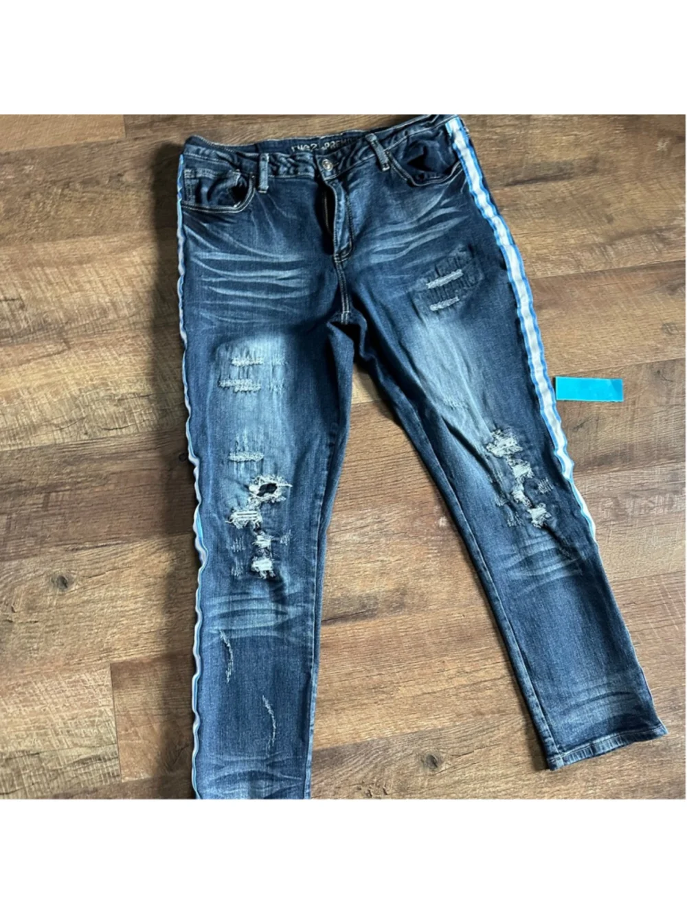 Men's Rue21 Blue Distressed Skinny Jeans with White Stripe, Waist 36